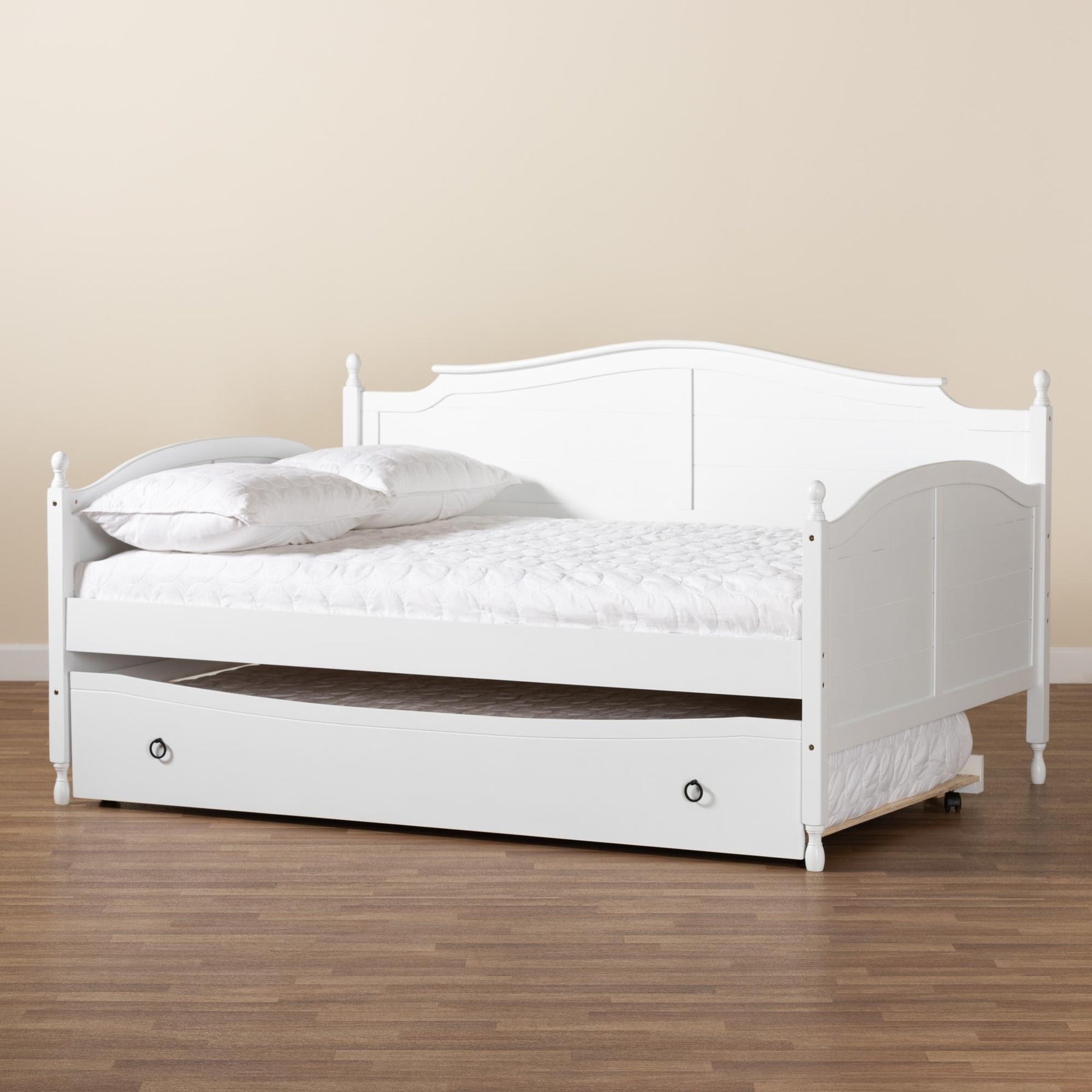 Baxton Studio Mara Cottage Farmhouse White Finished Wood Full Size Daybed With Roll-Out Trundle Bed - MG0030-White-Daybed-Full