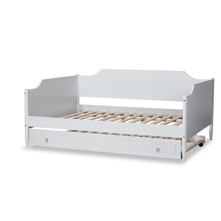 Baxton Studio Alya Classic Traditional Farmhouse White Finished Wood Full Size Daybed With Roll-Out Trundle Bed - MG0016-1-White-Daybed-F/T