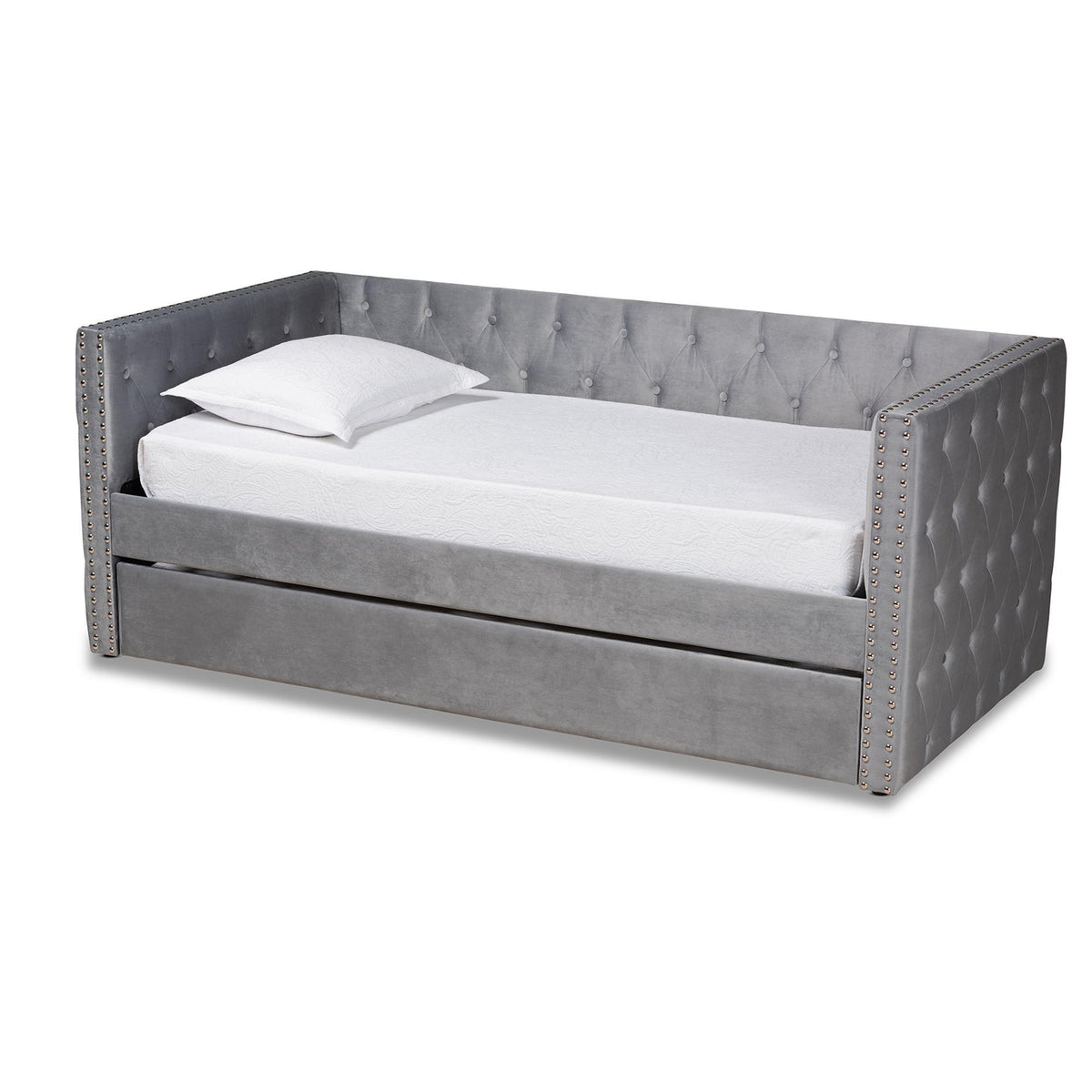 Baxton Studio Larkin Modern And Contemporary Grey Velvet Fabric Upholstered Twin Size Daybed With Trundle - CF9227-Silver Grey Velvet-Daybed-T/T