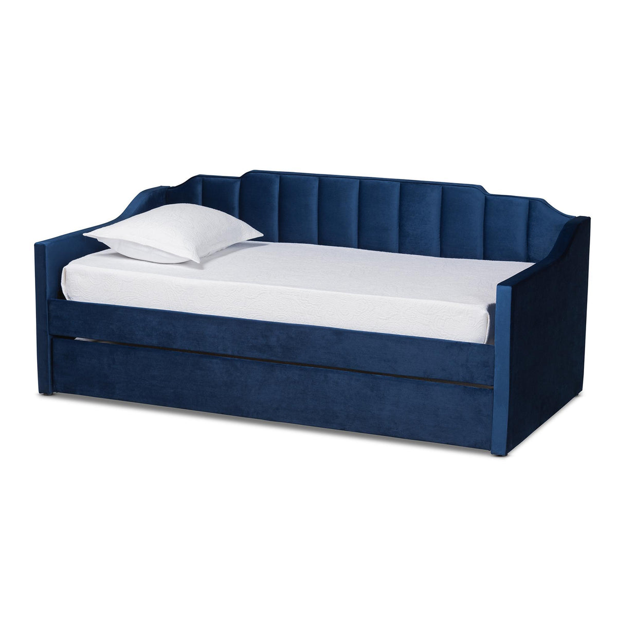 Baxton Studio Lennon Modern And Contemporary Navy Blue Velvet Fabric Upholstered Twin Size Daybed With Trundle - CF9172-Navy Blue Velvet-Daybed-T/T