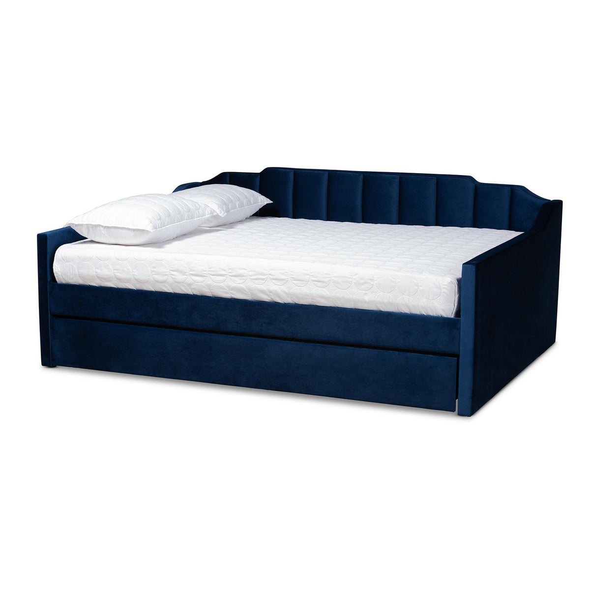 Baxton Studio Lennon Modern And Contemporary Navy Blue Velvet Fabric Upholstered Queen Size Daybed With Trundle - CF9172-Navy Blue Velvet-Daybed-Q/T