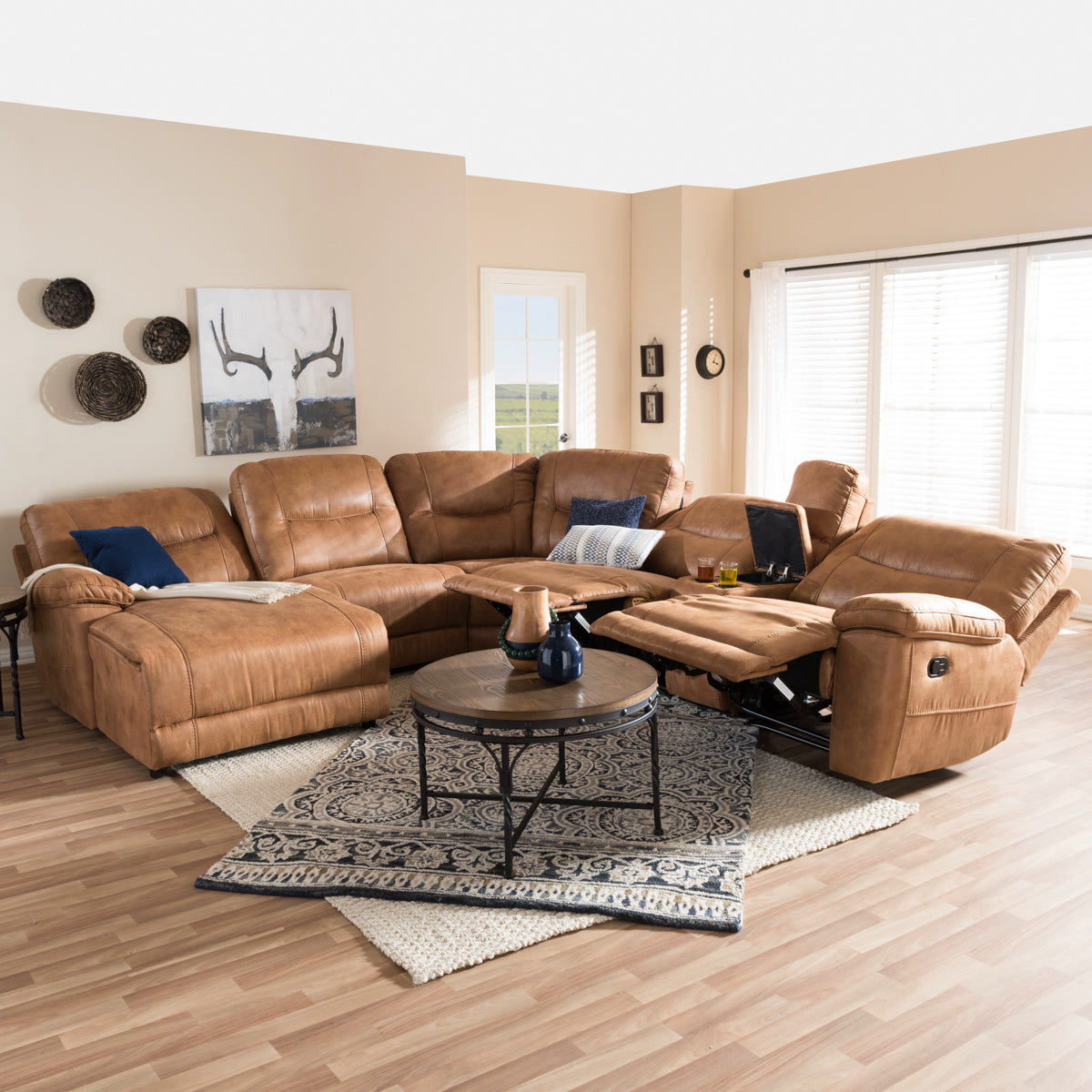 Baxton Studio Mistral Modern and Contemporary Light Brown Palomino Suede 6-Piece Sectional with Recliners Corner Lounge Suite  Baxton Studio-sectionals-Minimal And Modern - 10