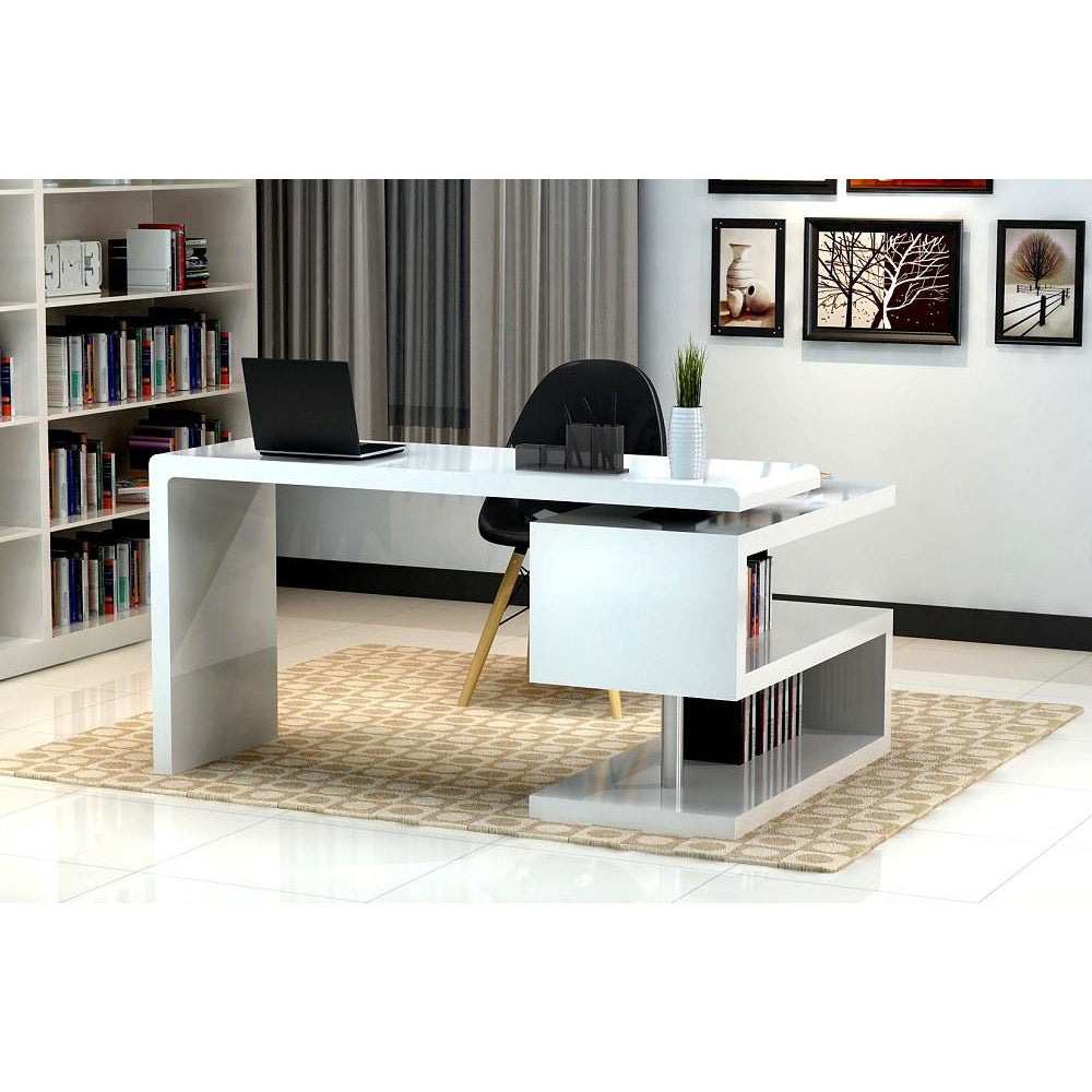 J&M Furniture Modern White and Metal Contemporary Writing Work Computer A33 Office Desk-Minimal & Modern