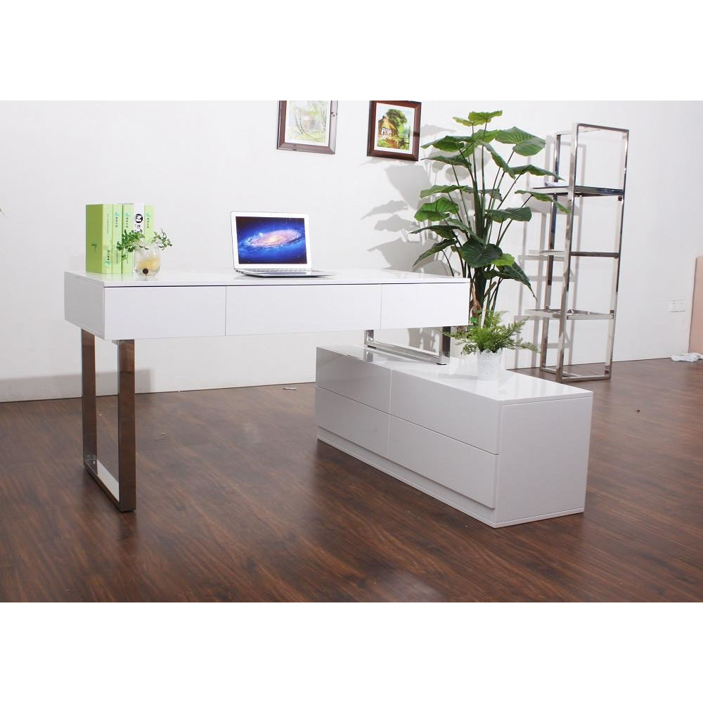 J&M Furniture Modern White and Metal Contemporary Writing Work Computer KD12 Office Desk-Minimal & Modern