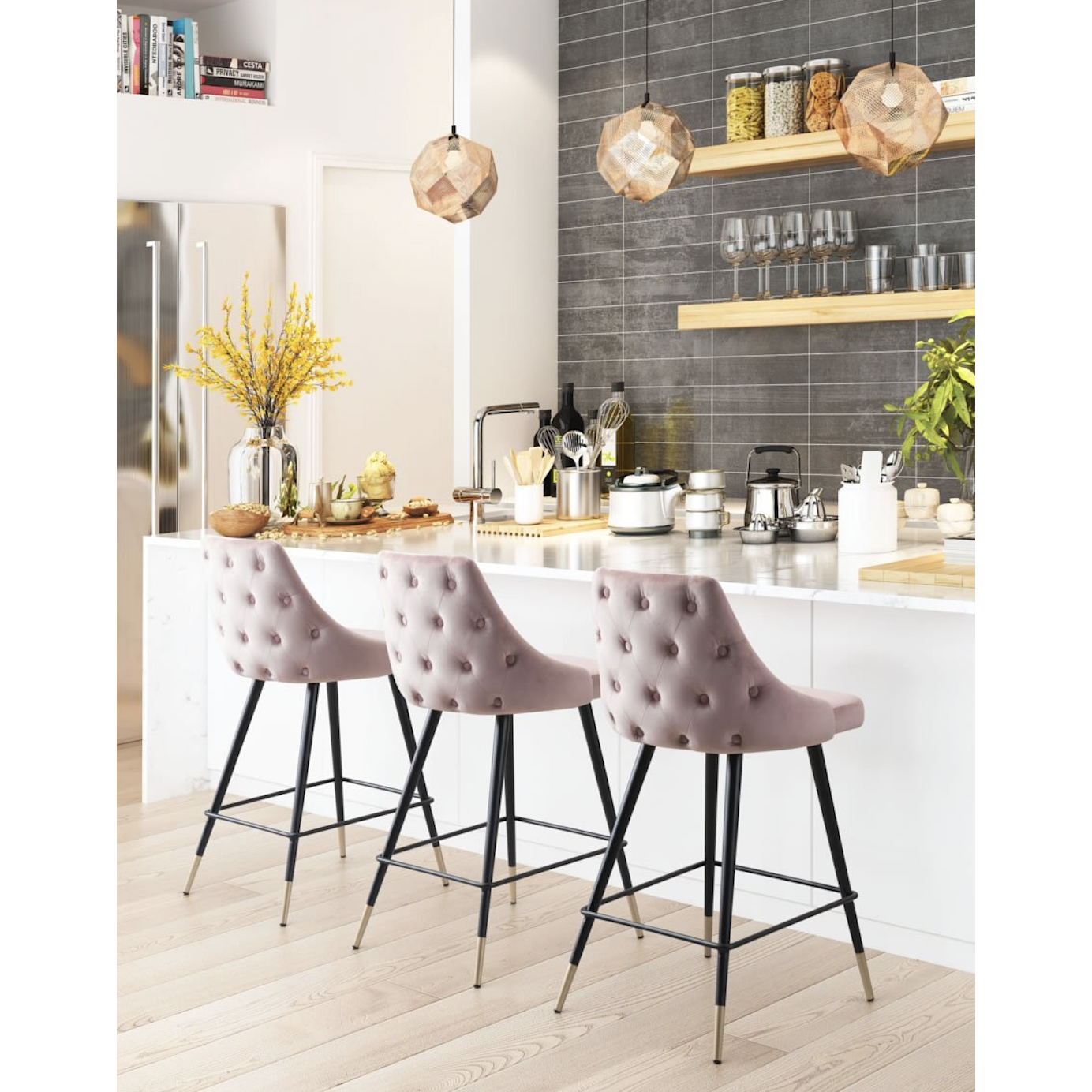 Luxe Pink Velvet Counter Stool With Gold Tipped Steel Legs