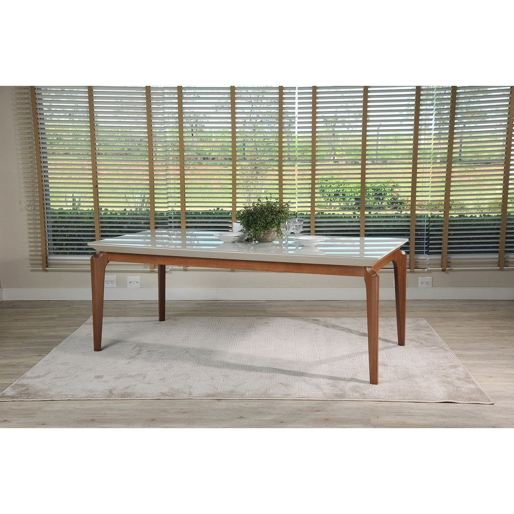 Manhattan Comfort  Payson 82.67" Modern Rectangular Dining Table with Glass Top and Curved Solid Wood Legs  in  Off White