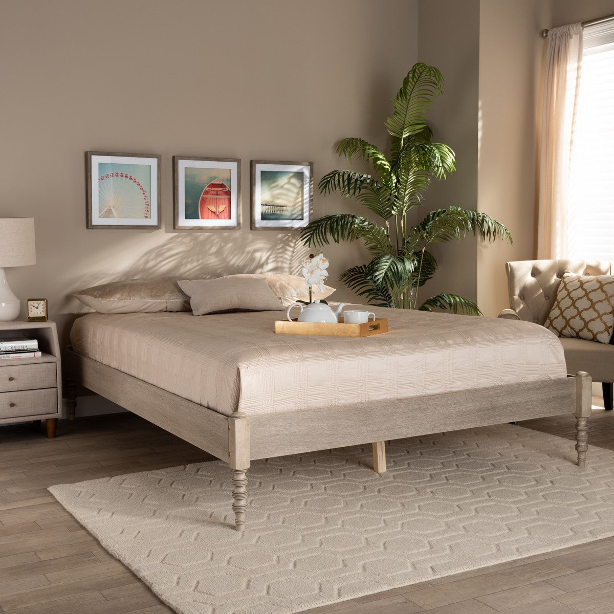 Baxton Studio Cielle French Bohemian Antique White Oak Finished Wood Full Size Platform Bed Frame