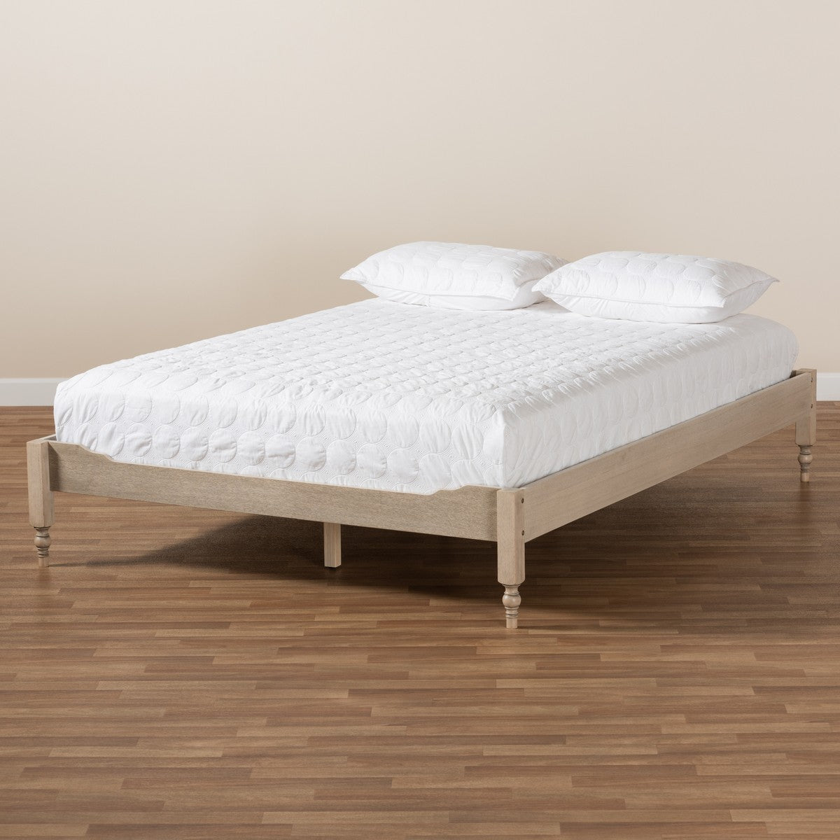 Baxton Studio Laure French Bohemian Antique White Oak Finished Wood Full Size Platform Bed Frame