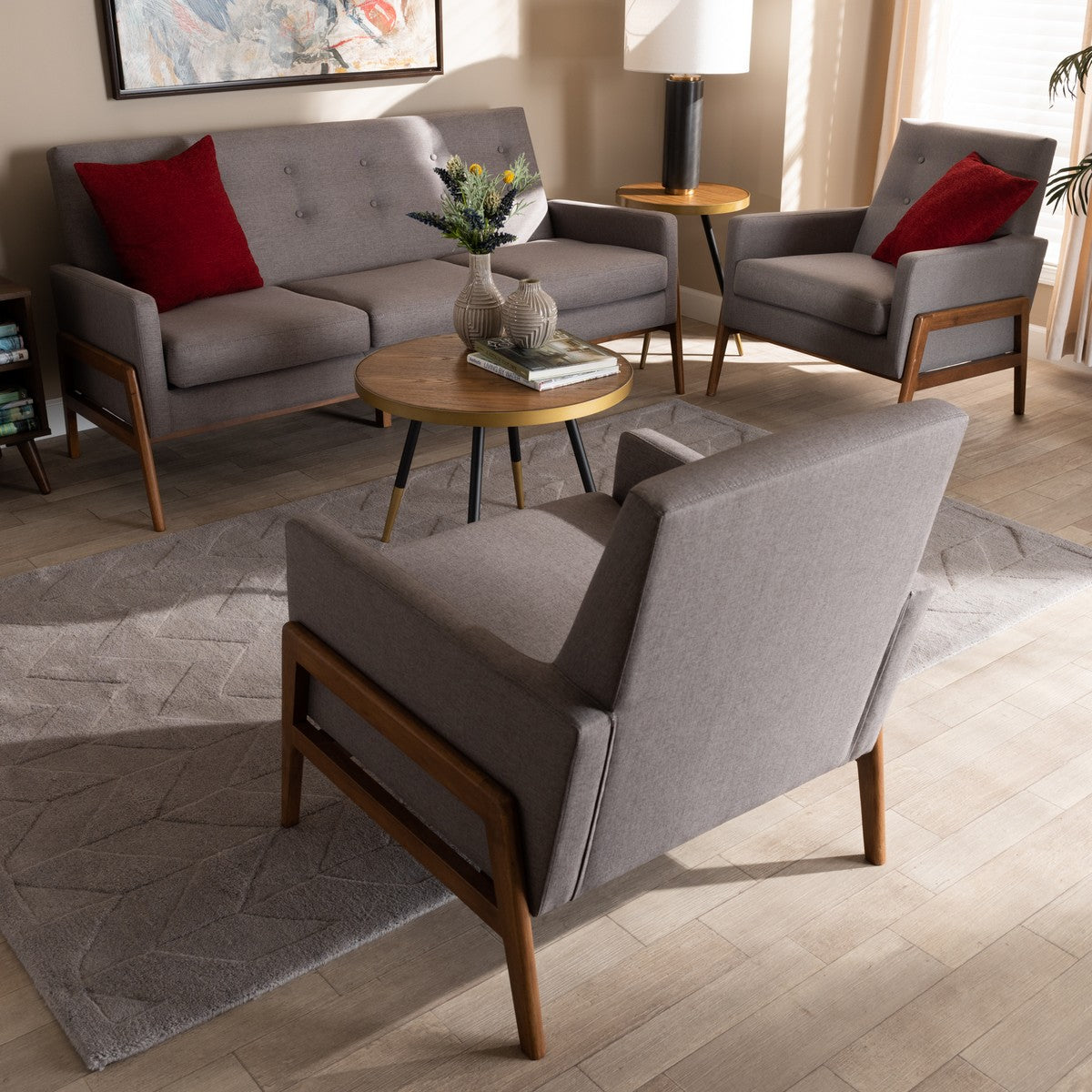 Baxton Studio Perris Mid-Century Modern Light Grey Fabric Upholstered Walnut Finished Wood 3-Piece Living Room Set