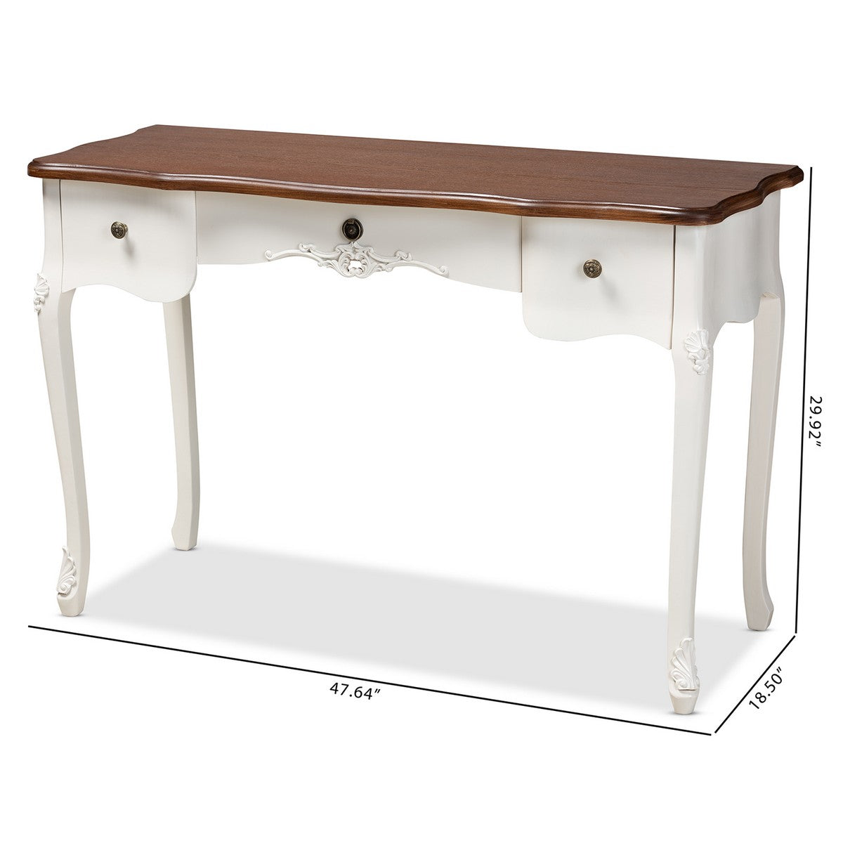 Baxton Studio Sophie Classic Traditional French Country White and Brown Finished Large 3-Drawer Wood Console Table