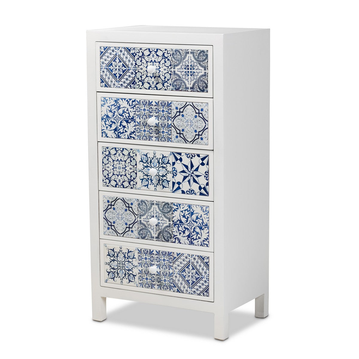 Baxton Studio Alma Spanish Mediterranean Inspired White Wood and Blue Floral Tile Style 5-Drawer Accent Chest Baxton Studio-Chests-Minimal And Modern - 1