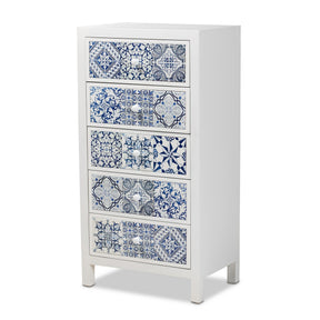 Baxton Studio Alma Spanish Mediterranean Inspired White Wood and Blue Floral Tile Style 5-Drawer Accent Chest Baxton Studio-Chests-Minimal And Modern - 1