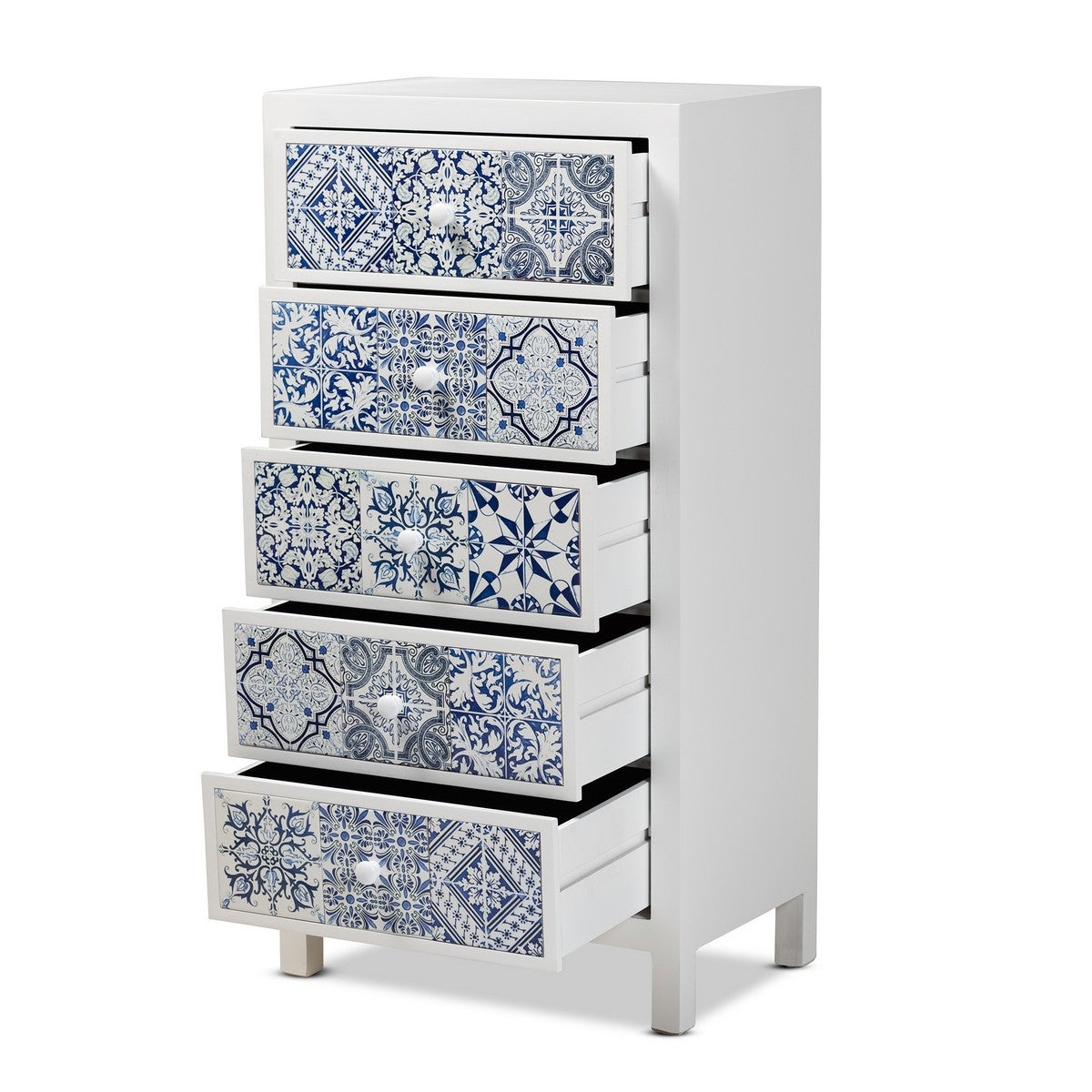 Baxton Studio Alma Spanish Mediterranean Inspired White Wood and Blue Floral Tile Style 5-Drawer Accent Chest