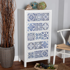 Baxton Studio Alma Spanish Mediterranean Inspired White Wood and Blue Floral Tile Style 5-Drawer Accent Chest