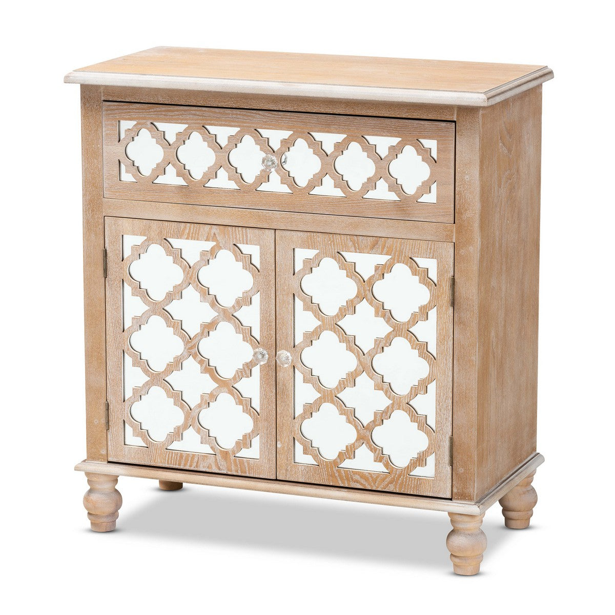 Baxton Studio Leah Glam Farmhouse Rustic Oak Brown Finished Wood and Mirrored 1-Drawer Quatrefoil Storage Cabinet Baxton Studio-Multipurpose Shelving and Cabinets-Minimal And Modern - 1