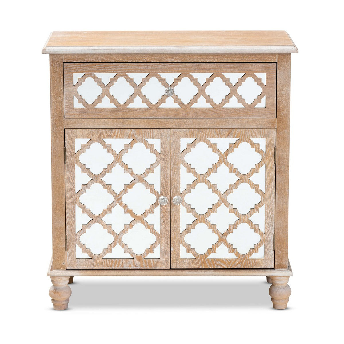 Baxton Studio Leah Glam Farmhouse Rustic Oak Brown Finished Wood and Mirrored 1-Drawer Quatrefoil Storage Cabinet