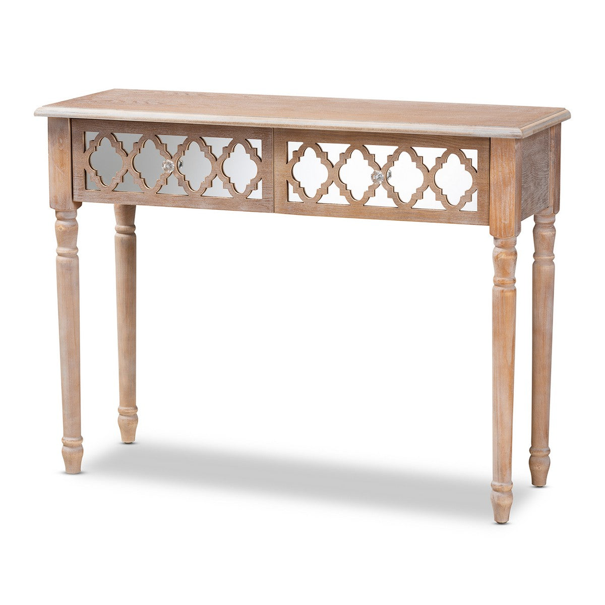 Baxton Studio Celia Transitional Rustic French Country White-Washed Wood and Mirror 2-Drawer Quatrefoil Console Table Baxton Studio-side tables-Minimal And Modern - 1