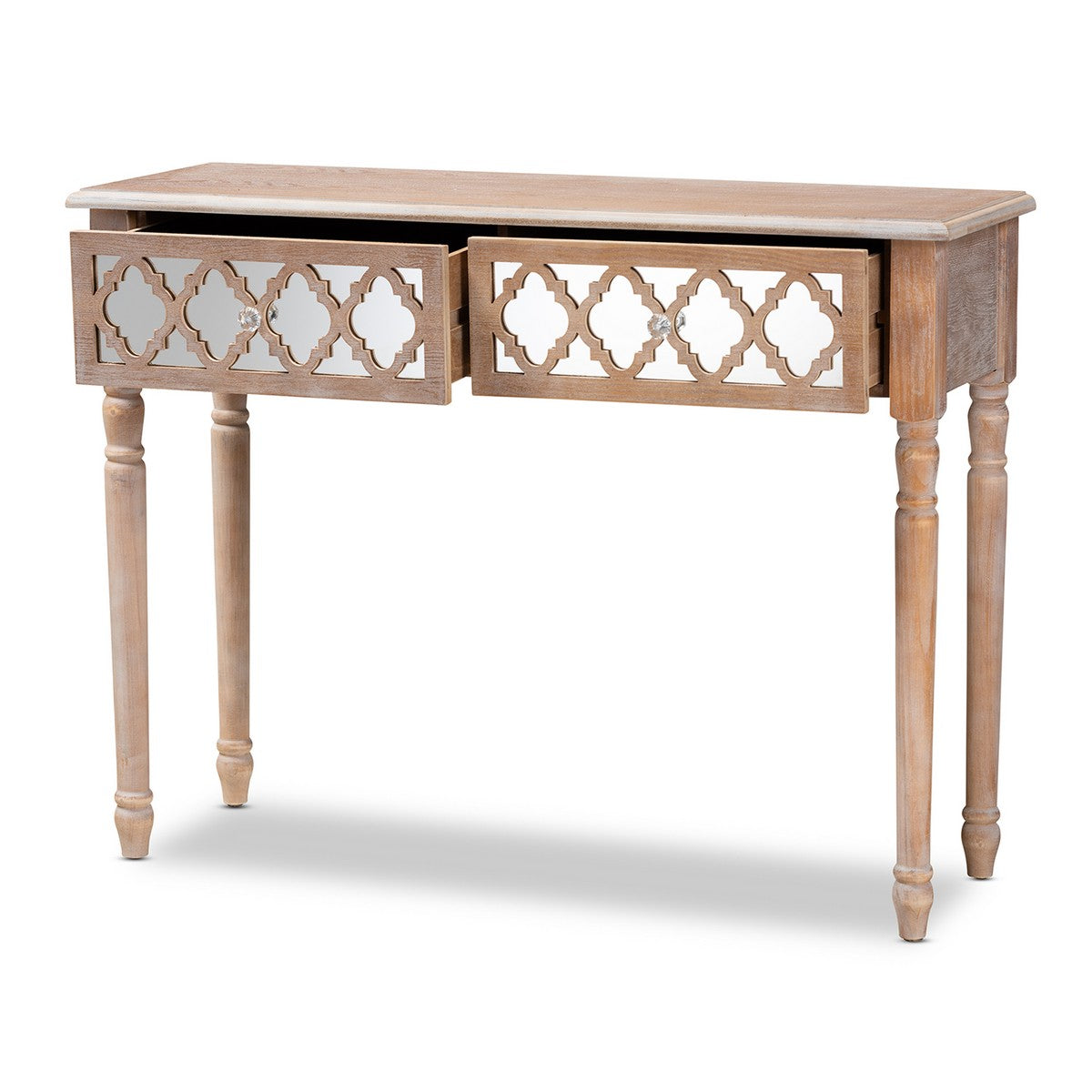 Baxton Studio Celia Transitional Rustic French Country White-Washed Wood and Mirror 2-Drawer Quatrefoil Console Table
