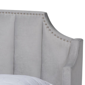 Baxton Studio Adelie Modern Glam Light Grey Velvet Fabric Upholstered Walnut Brown Finished Wood Queen Size Wingback Platform Bed