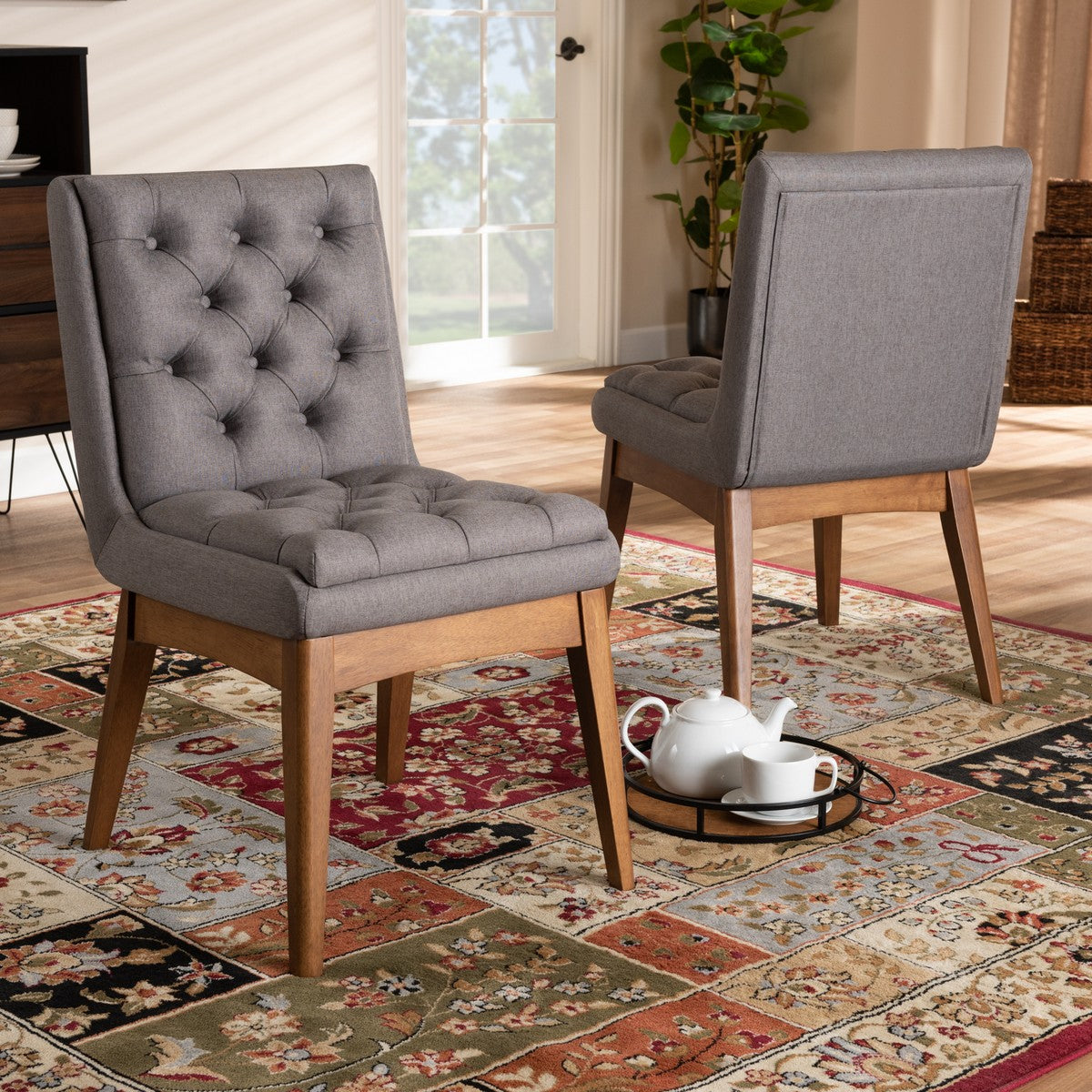 Baxton Studio Makar Modern Transitional Grey Fabric Upholstered and Walnut Brown Finished Wood 2-Piece Dining Chair Set Set