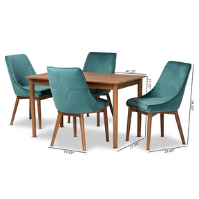 Baxton Studio Gilmore Modern And Contemporary Teal Velvet Fabric Upholstered And Walnut Brown Finished Wood 5-Piece Dining Set - BBT5381-Teal Velvet/Walnut-5PC Dining Set