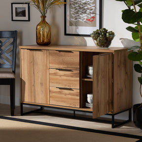 Baxton Studio Reid Modern and Contemporary Industrial Oak Finished Wood and Black Metal 3-Drawer Sideboard Buffet