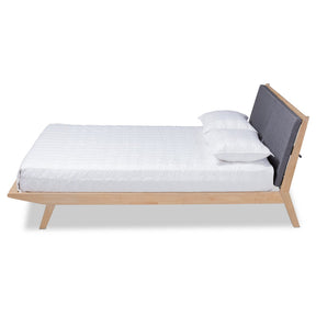 Baxton Studio Emile Modern and Contemporary Grey Fabric Upholstered Natural Oak Finished Wood Queen Size Platform Bed