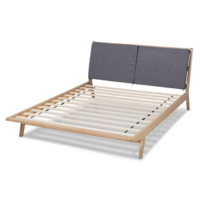 Baxton Studio Emile Modern and Contemporary Grey Fabric Upholstered Natural Oak Finished Wood Queen Size Platform Bed