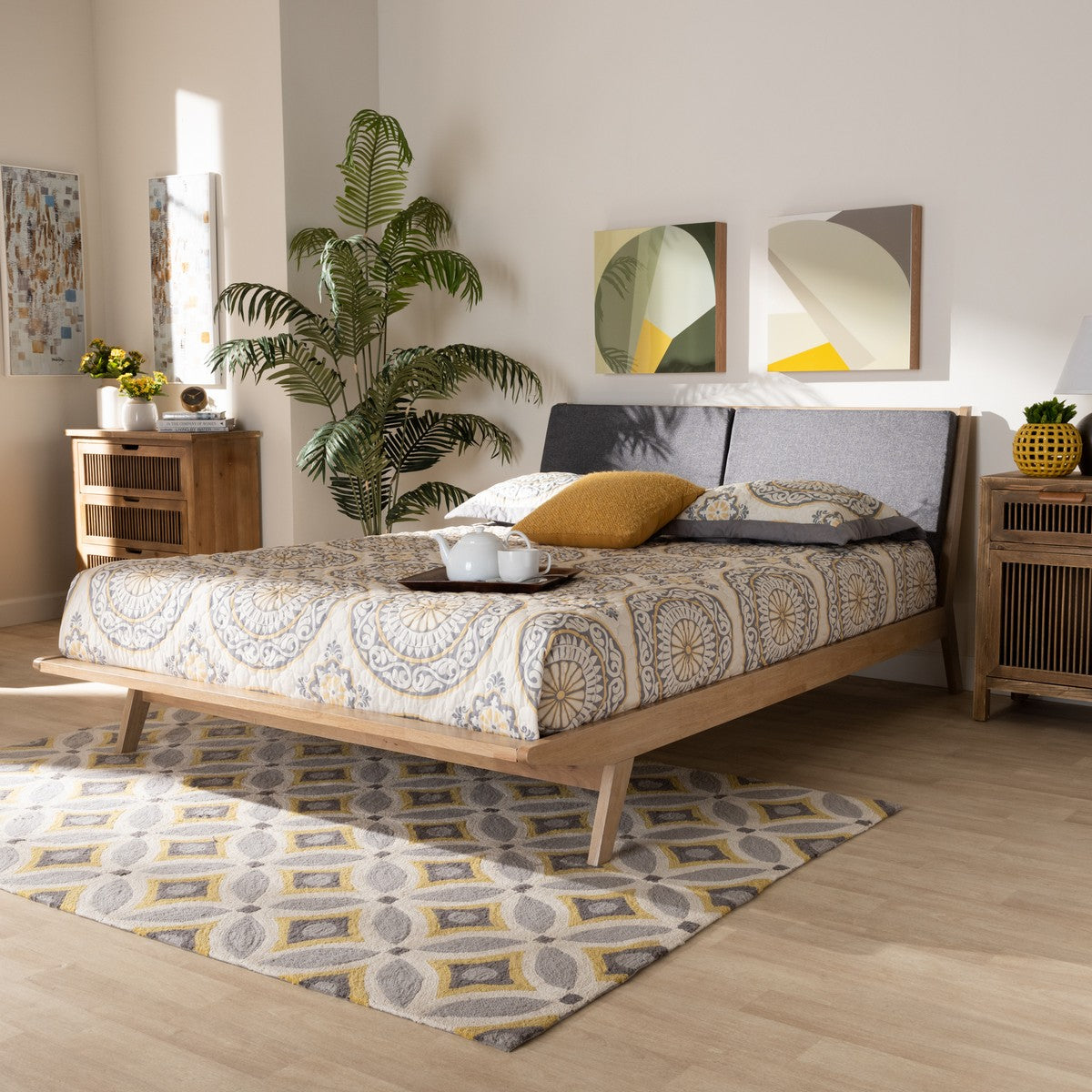 Baxton Studio Emile Modern and Contemporary Grey Fabric Upholstered Natural Oak Finished Wood King Size Platform Bed