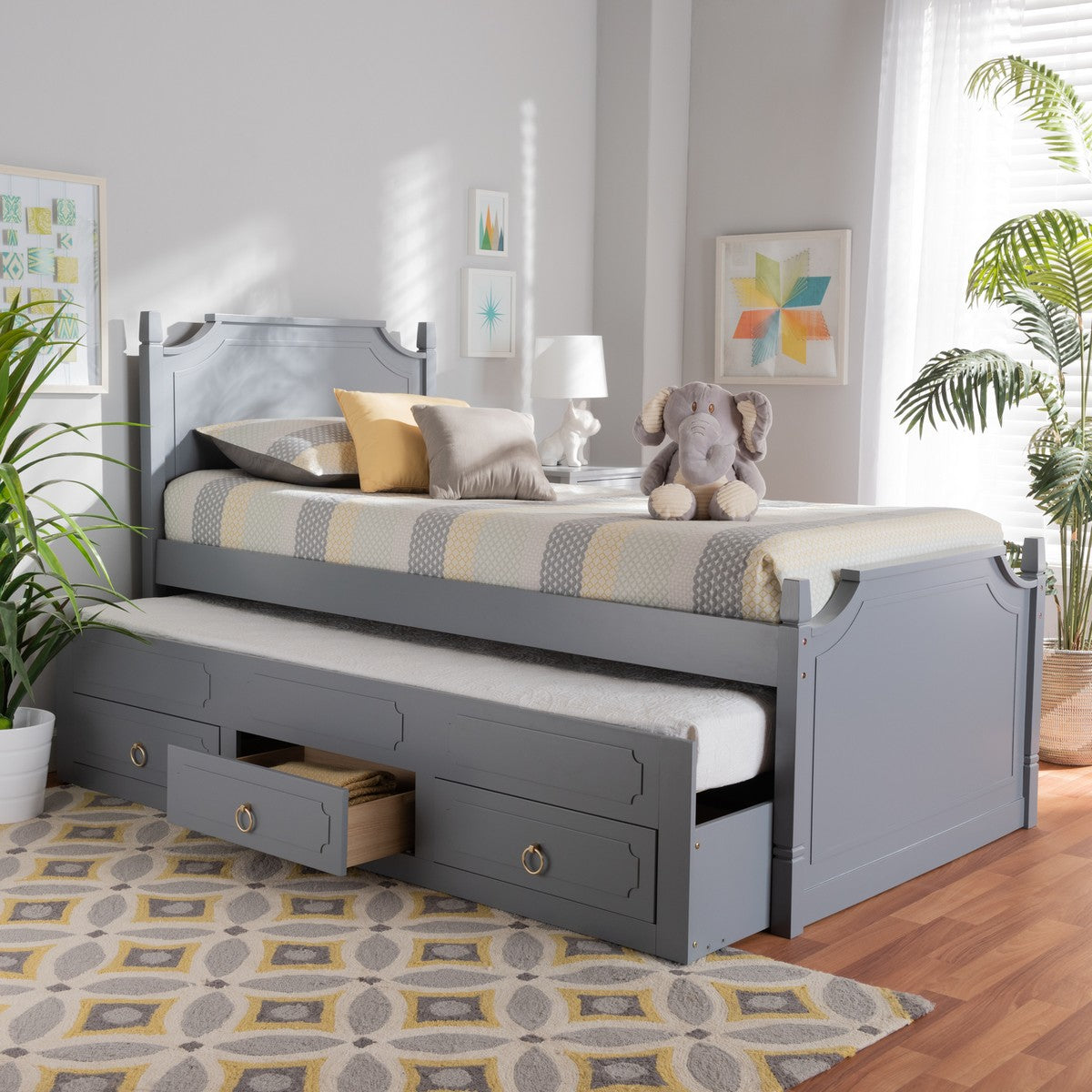 Baxton Studio Mariana Traditional Transitional Grey Finished Wood Twin Size 3-Drawer Storage Bed with Pull-Out Trundle Bed