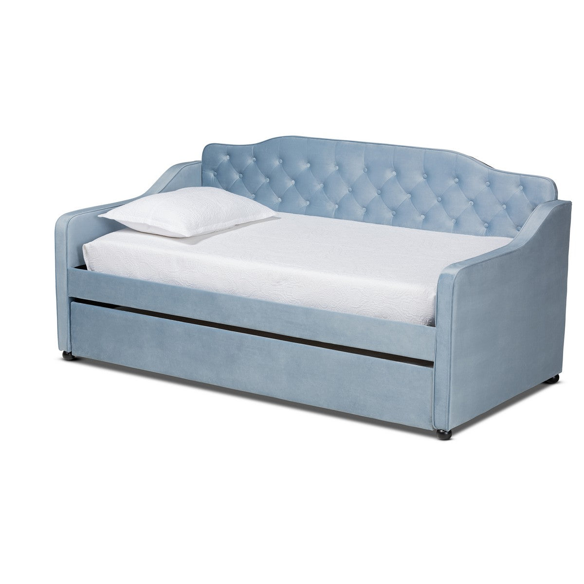 Baxton Studio Freda Traditional and Transitional Light Blue Velvet Fabric Upholstered and Button Tufted Twin Size Daybed with Trundle Baxton Studio-daybed-Minimal And Modern - 1