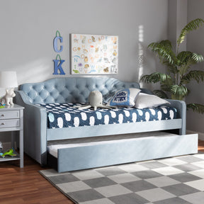 Baxton Studio Freda Traditional and Transitional Light Blue Velvet Fabric Upholstered and Button Tufted Twin Size Daybed with Trundle