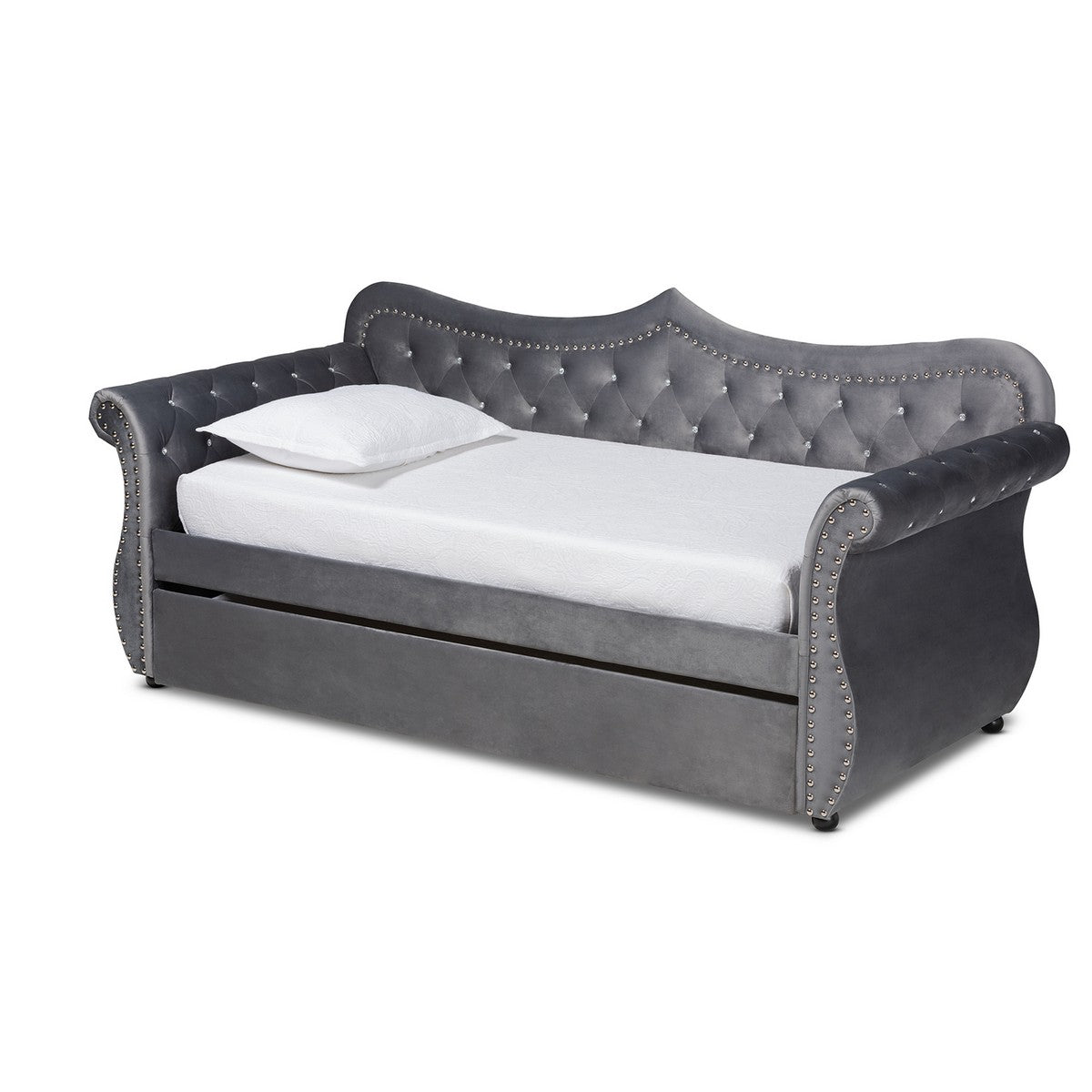 Baxton Studio Abbie Traditional and Transitional Grey Velvet Fabric Upholstered and Crystal Tufted Twin Size Daybed with Trundle Baxton Studio-daybed-Minimal And Modern - 1