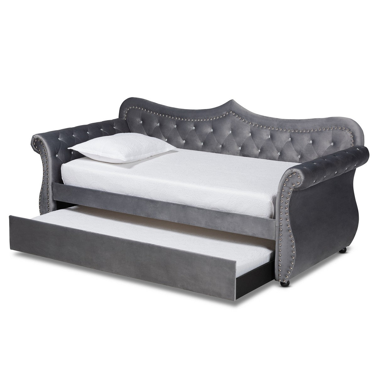 Baxton Studio Abbie Traditional and Transitional Grey Velvet Fabric Upholstered and Crystal Tufted Twin Size Daybed with Trundle