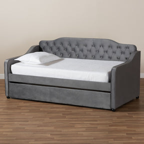 Baxton Studio Freda Traditional and Transitional Grey Velvet Fabric Upholstered and Button Tufted Twin Size Daybed with Trundle