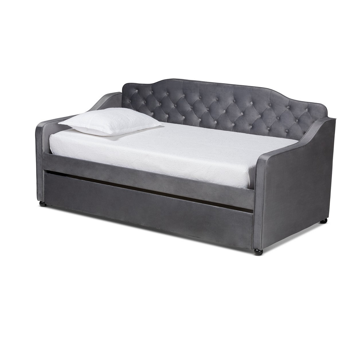 Baxton Studio Freda Traditional and Transitional Grey Velvet Fabric Upholstered and Button Tufted Twin Size Daybed with Trundle Baxton Studio-daybed-Minimal And Modern - 1