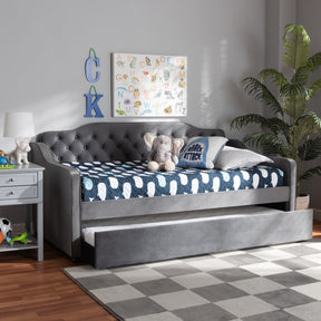 Baxton Studio Freda Traditional and Transitional Grey Velvet Fabric Upholstered and Button Tufted Twin Size Daybed with Trundle