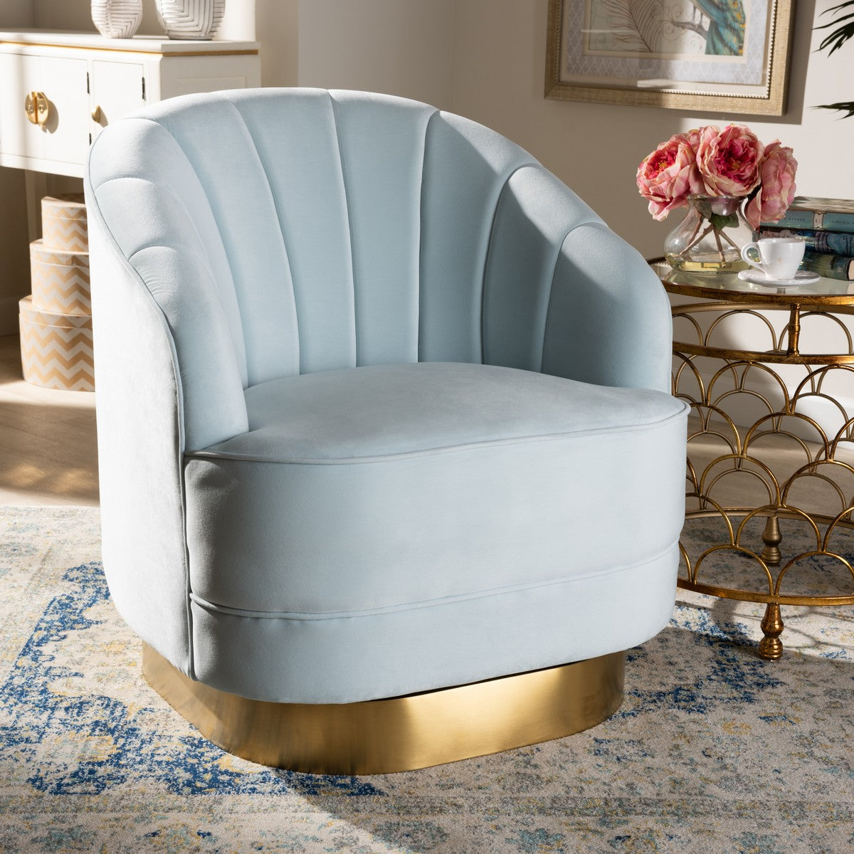 Baxton Studio Fiore Glam and Luxe Light Blue Velvet Fabric Upholstered Brushed Gold Finished Swivel Accent Chair