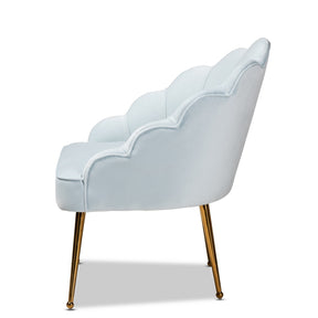 Baxton Studio Cinzia Glam and Luxe Light Blue Velvet Fabric Upholstered Gold Finished Seashell Shaped Accent Chair