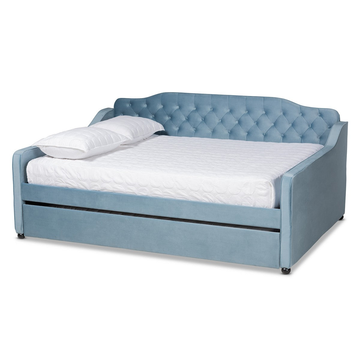 Baxton Studio Freda Transitional and Contemporary Light Blue Velvet Fabric Upholstered and Button Tufted Queen Size Daybed with Trundle Baxton Studio-daybed-Minimal And Modern - 1