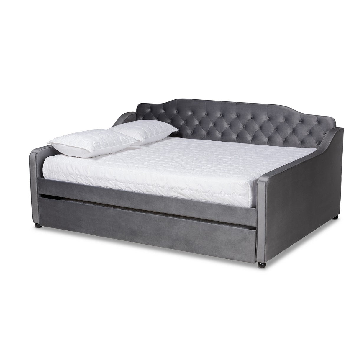Baxton Studio Freda Transitional and Contemporary Grey Velvet Fabric Upholstered and Button Tufted Queen Size Daybed with Trundle Baxton Studio-daybed-Minimal And Modern - 1