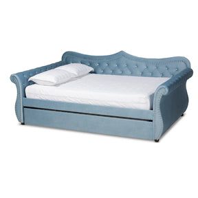 Baxton Studio Abbie Traditional and Transitional Light Blue Velvet Fabric Upholstered and Crystal Tufted Queen Size Daybed with Trundle Baxton Studio-daybed-Minimal And Modern - 1