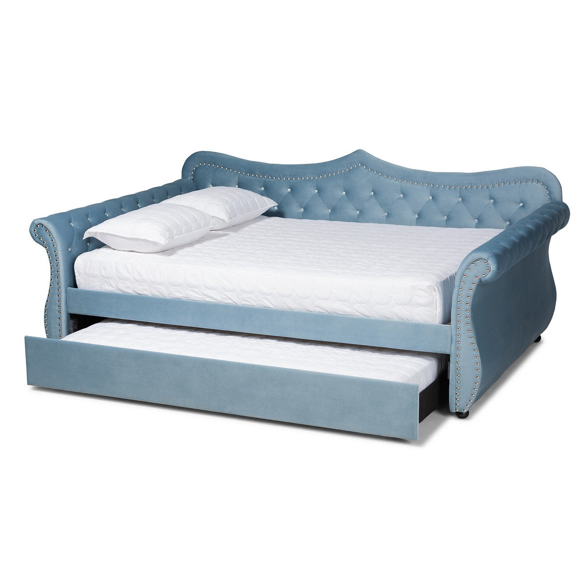 Baxton Studio Abbie Traditional and Transitional Light Blue Velvet Fabric Upholstered and Crystal Tufted Queen Size Daybed with Trundle