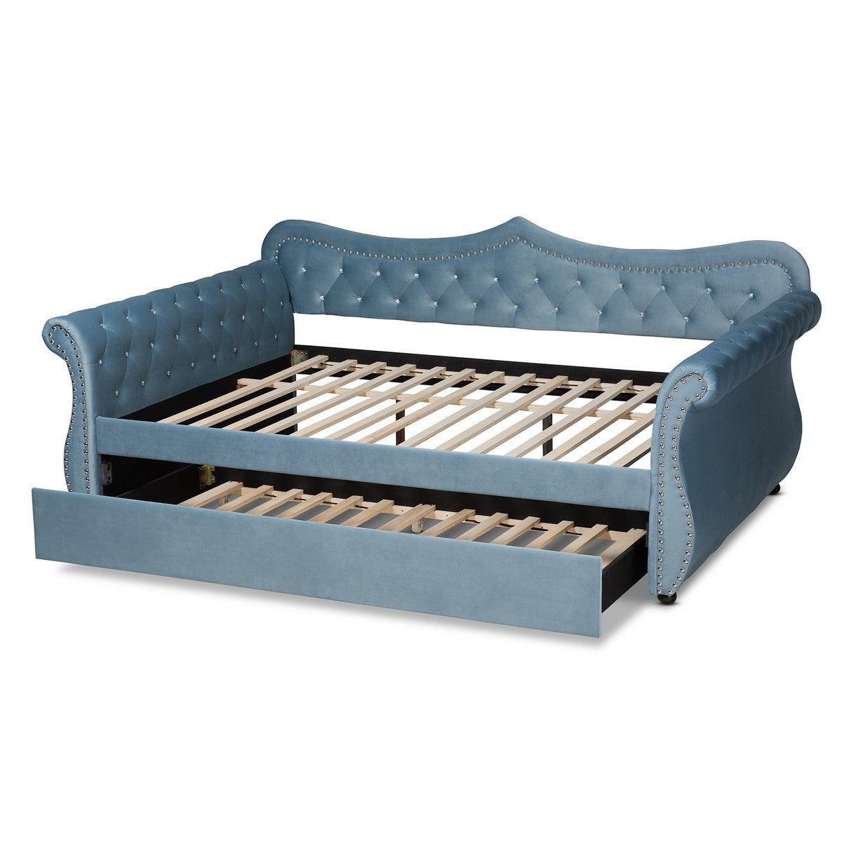 Baxton Studio Abbie Traditional and Transitional Light Blue Velvet Fabric Upholstered and Crystal Tufted Queen Size Daybed with Trundle