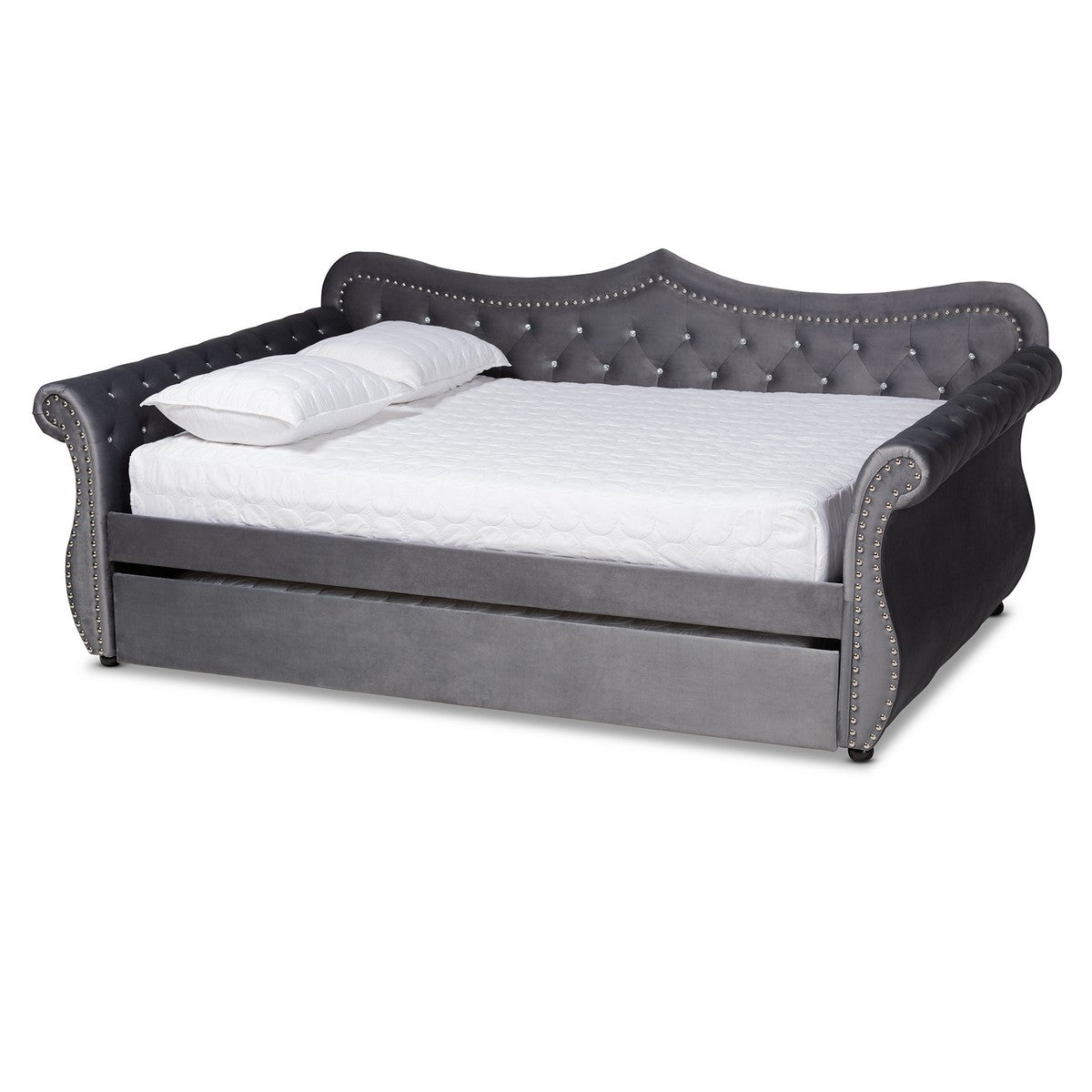 Baxton Studio Abbie Traditional and Transitional Grey Velvet Fabric Upholstered and Crystal Tufted Full Size Daybed with Trundle Baxton Studio-daybed-Minimal And Modern - 1