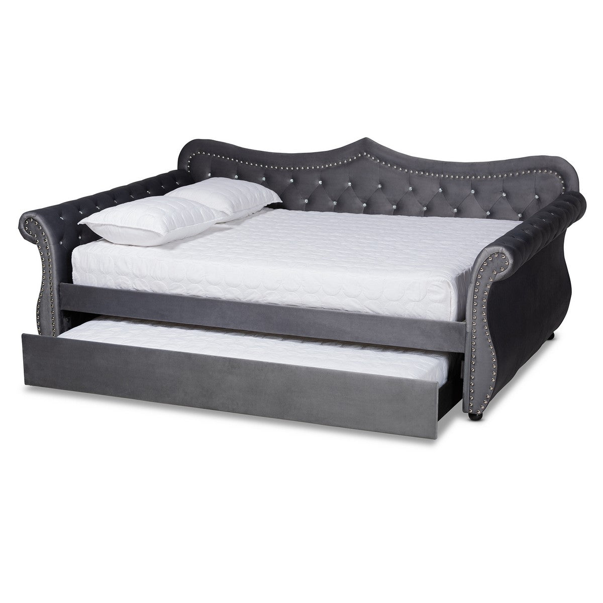 Baxton Studio Abbie Traditional and Transitional Grey Velvet Fabric Upholstered and Crystal Tufted Full Size Daybed with Trundle