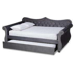 Baxton Studio Abbie Traditional and Transitional Grey Velvet Fabric Upholstered and Crystal Tufted Queen Size Daybed with Trundle