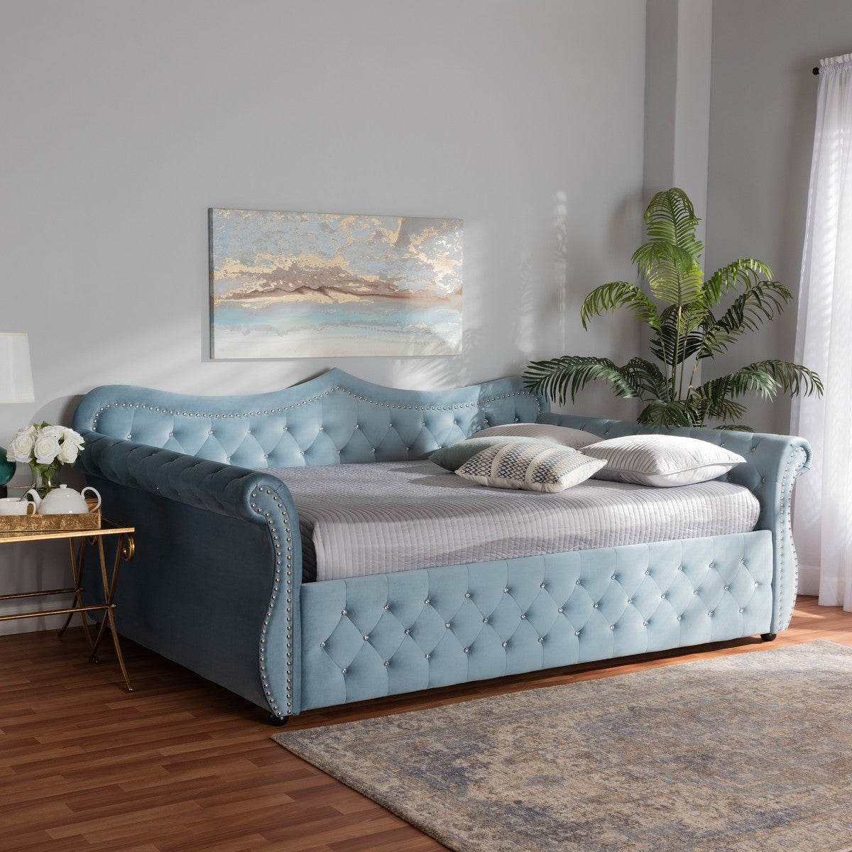 Baxton Studio Abbie Traditional and Transitional Light Blue Velvet Fabric Upholstered and Crystal Tufted Queen Size Daybed