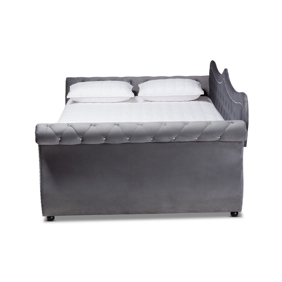 Baxton Studio Abbie Traditional and Transitional Grey Velvet Fabric Upholstered and Crystal Tufted Queen Size Daybed