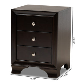 Baxton Studio Gordon Classic and Traditional Dark Brown Finished 3-Drawer Wood Nightstand